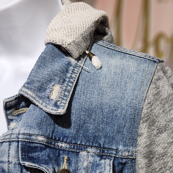 Free People Distressed Hoodie Knit Denim Jacket Medium - Picture 6 of 8